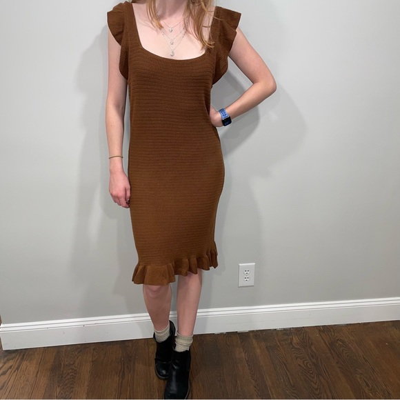 NWT Revolve House of Harlow 1960 Midi Knit Brown Sweater Dress w/ Ruffles -  M - Picture 2 of 7